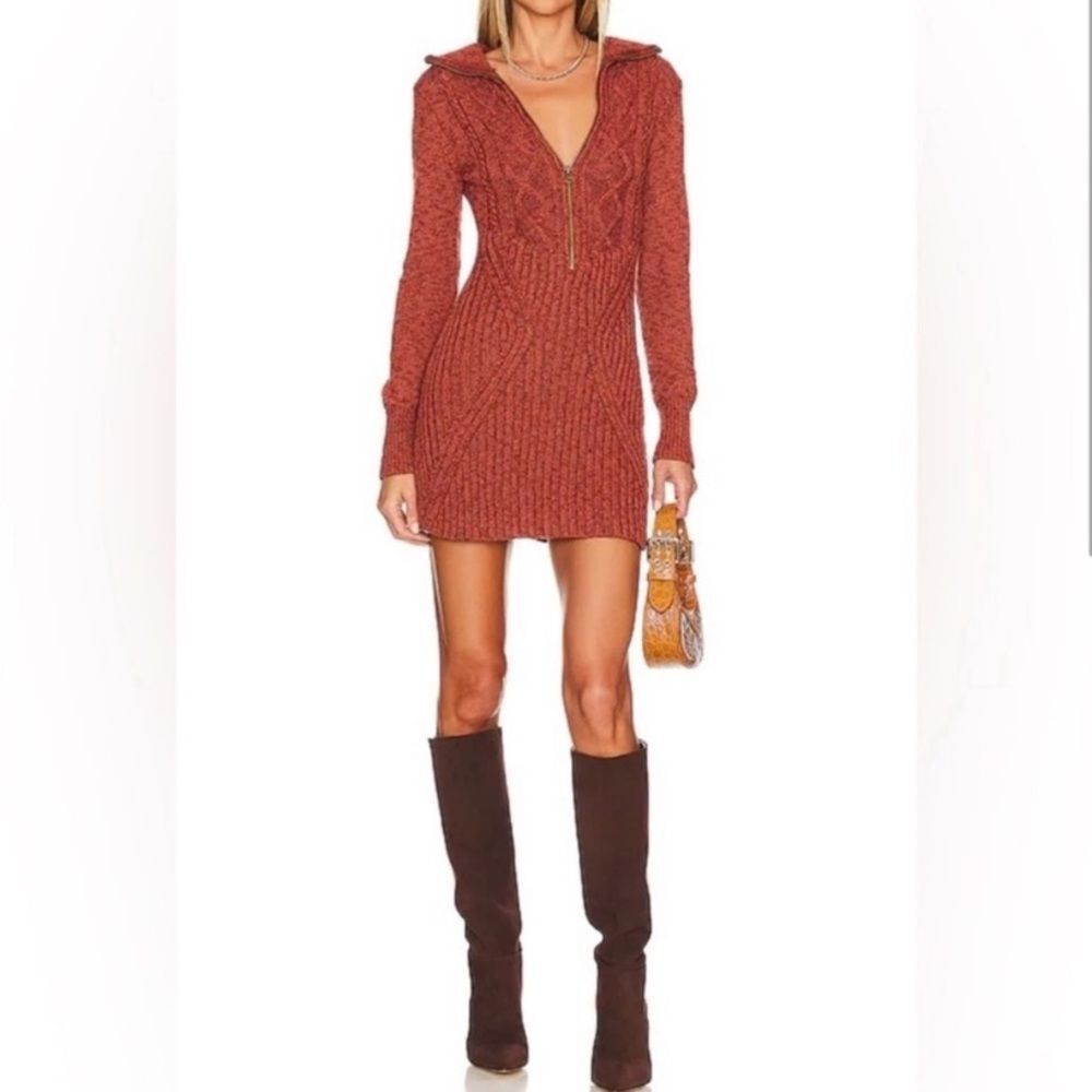 NWT Free People Red Jasper Mont Blanc Long Sleeve Mini Sweater Dress Size Large